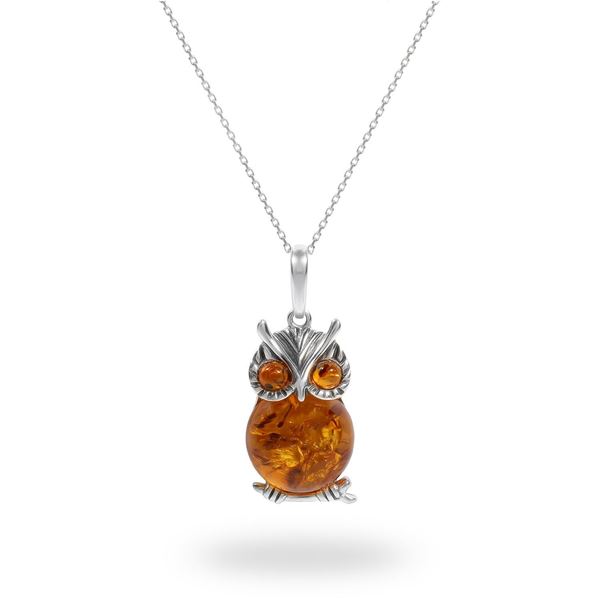Picture of Cognac Amber Sterling Silver Owl Pendant