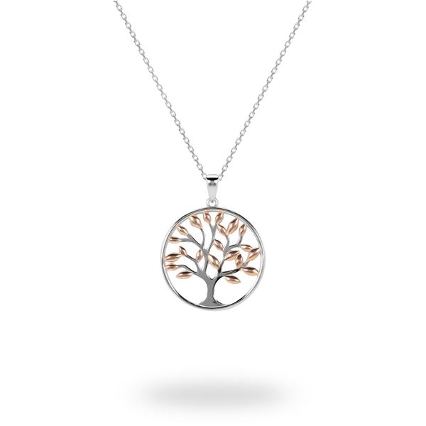 Picture of Round Sterling Silver Tree-of-Life With Rose Gold-Plated Leaves Pendant