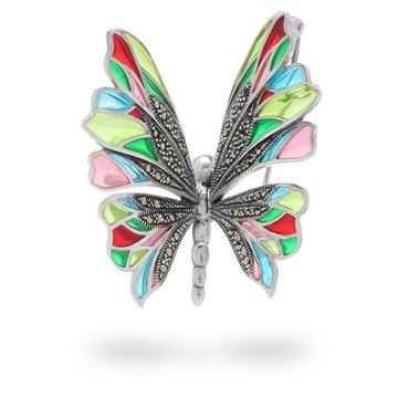 Picture of Multi-Coloured Epoxy and Marcasite Butterfly Sterling Silver Brooch
