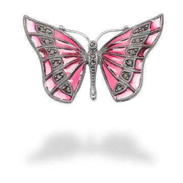 Picture of Pink Epoxy and Marcasite Butterfly Sterling Silver Brooch