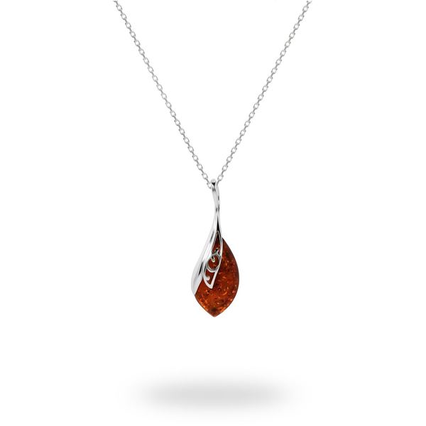 Picture of Cognac Amber Leaf-Framed Teardrop Sterling Silver Pendant