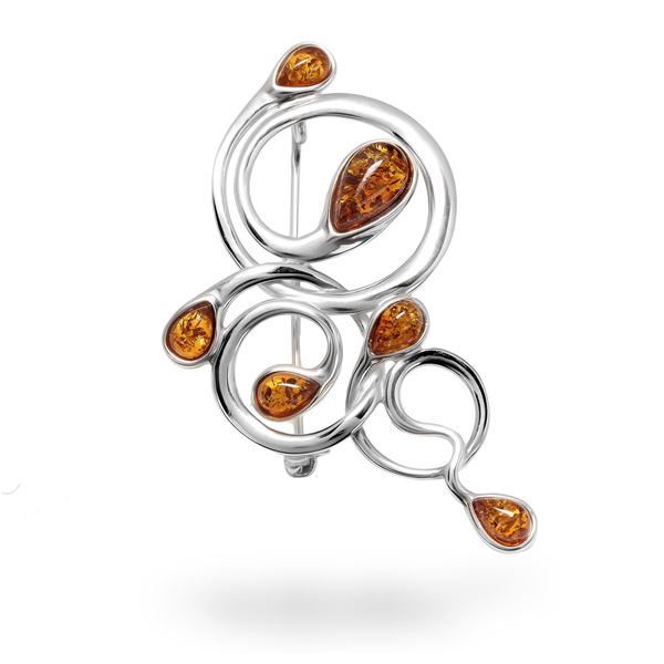 Picture of Sterling Silver Cognac Amber in Swirls Brooch