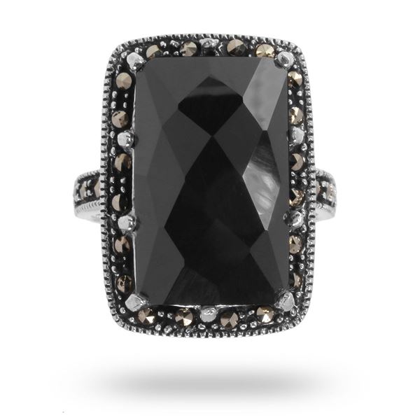 Picture of Black Agate and Marcasite Fancy Oblong Sterling Silver Ring