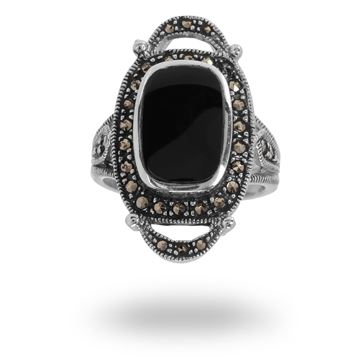 Picture of Cushion Black Onyx in Fancy Marcasite Sterling Silver Ring